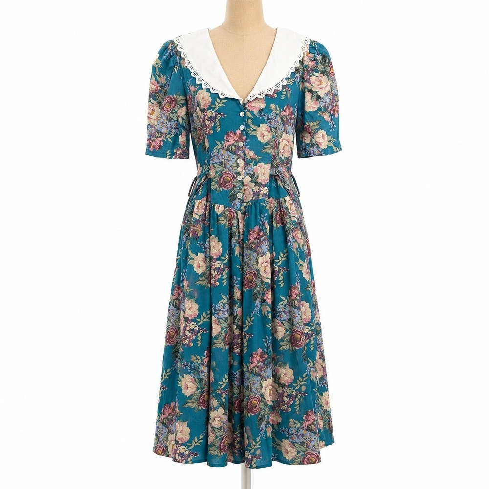 Handmade Vintage 70s Floral Prairie Dress Sz S Blue Peasant Cottage Lace Collar